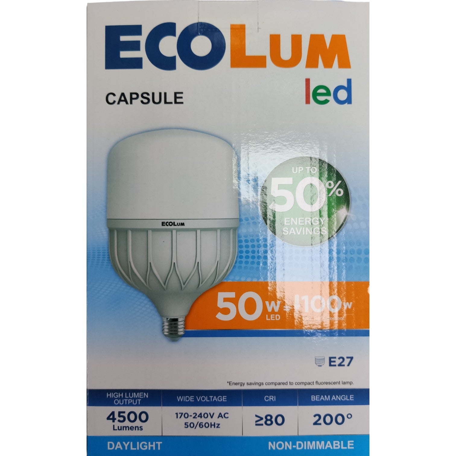 Ecolum LED capsule light bulb packaging on a white background