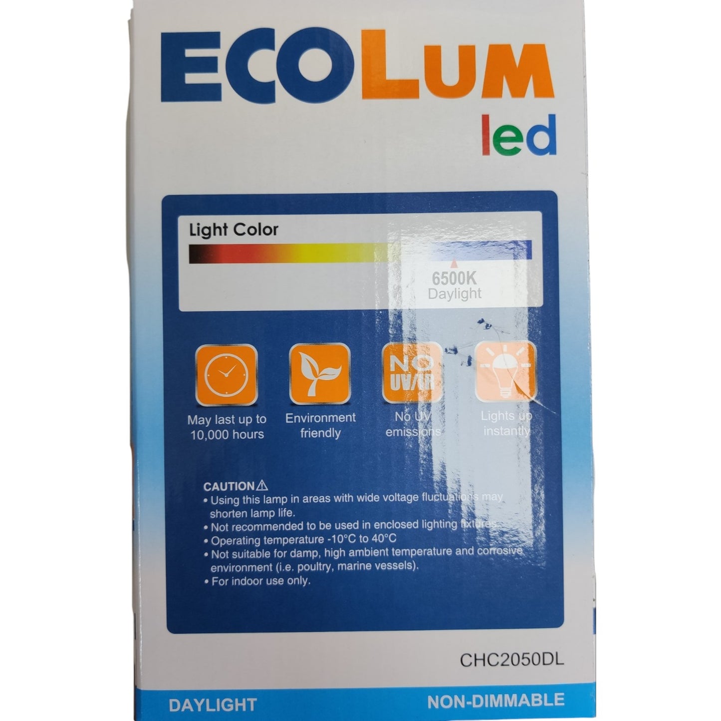 EcoLum LED packaging with specifications and features on a white background