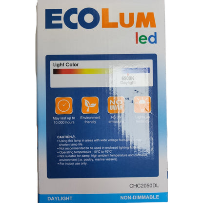 EcoLum LED packaging with specifications and features on a white background