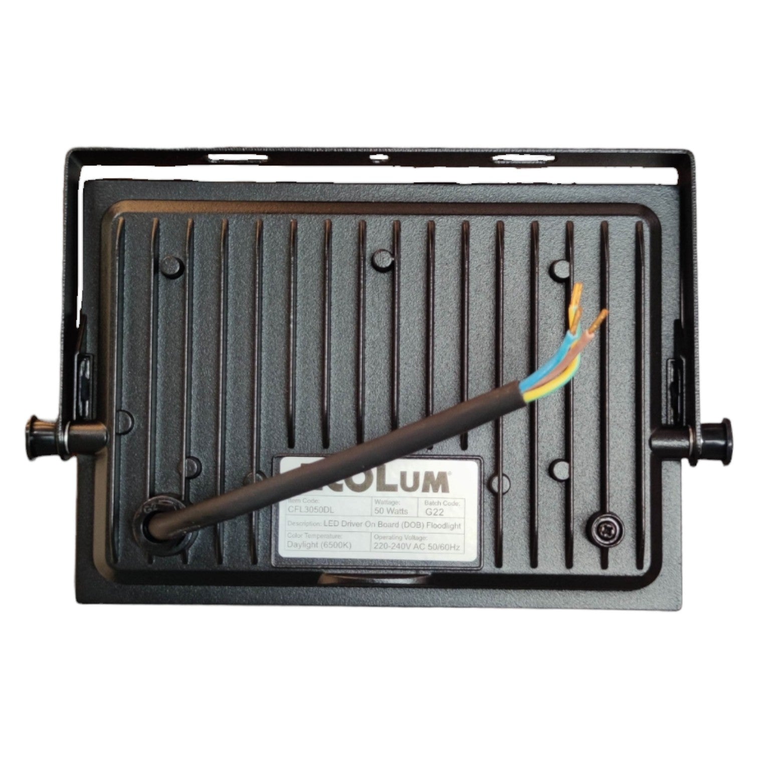 Black rectangular light fixture with wiring on a white background
