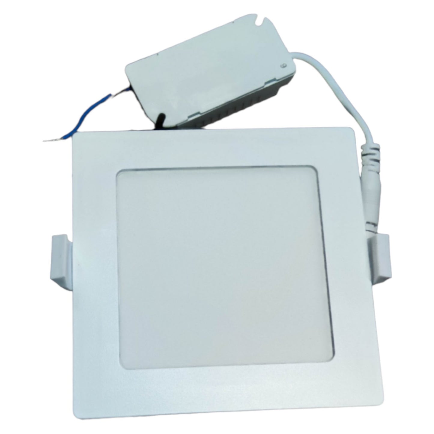 Square recessed ceiling light with wiring on a white background