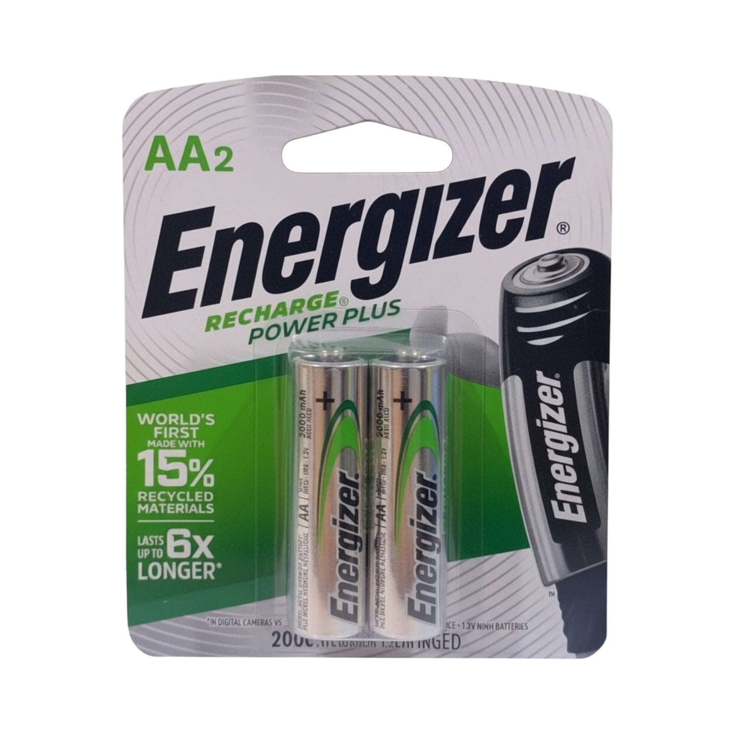 Energizer rechargeable batteries in packaging on a white background