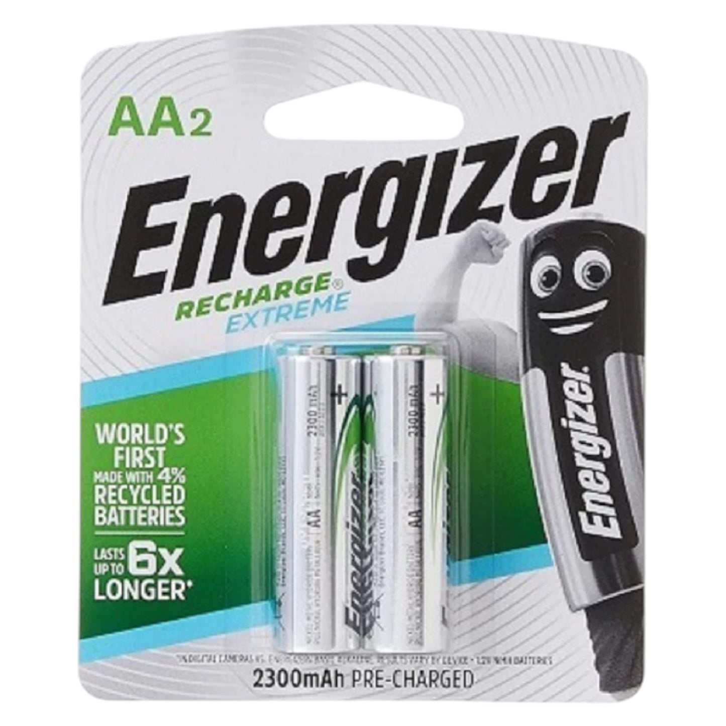 Energizer rechargeable battery pack with batteries and charger on a white background