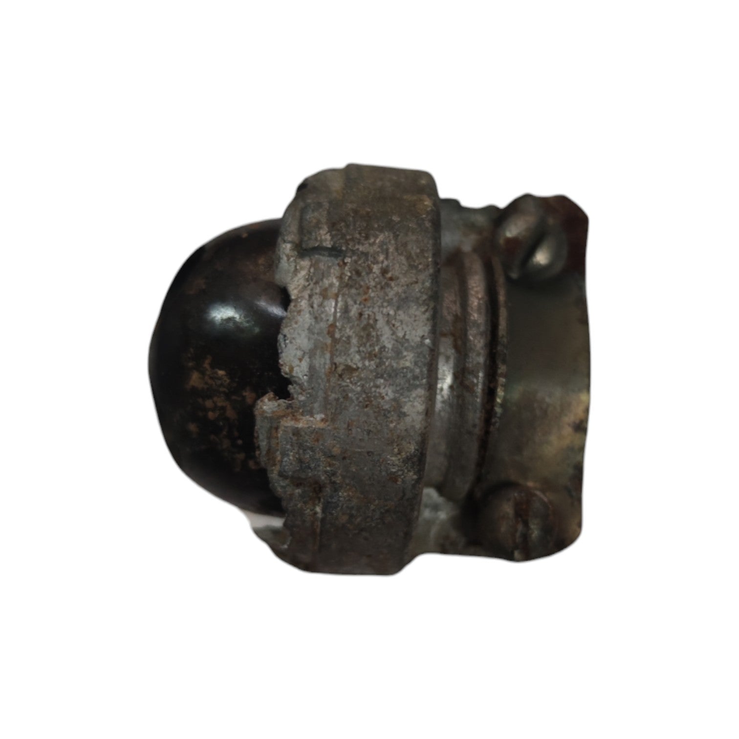 Rust-covered metal fitting on a white background