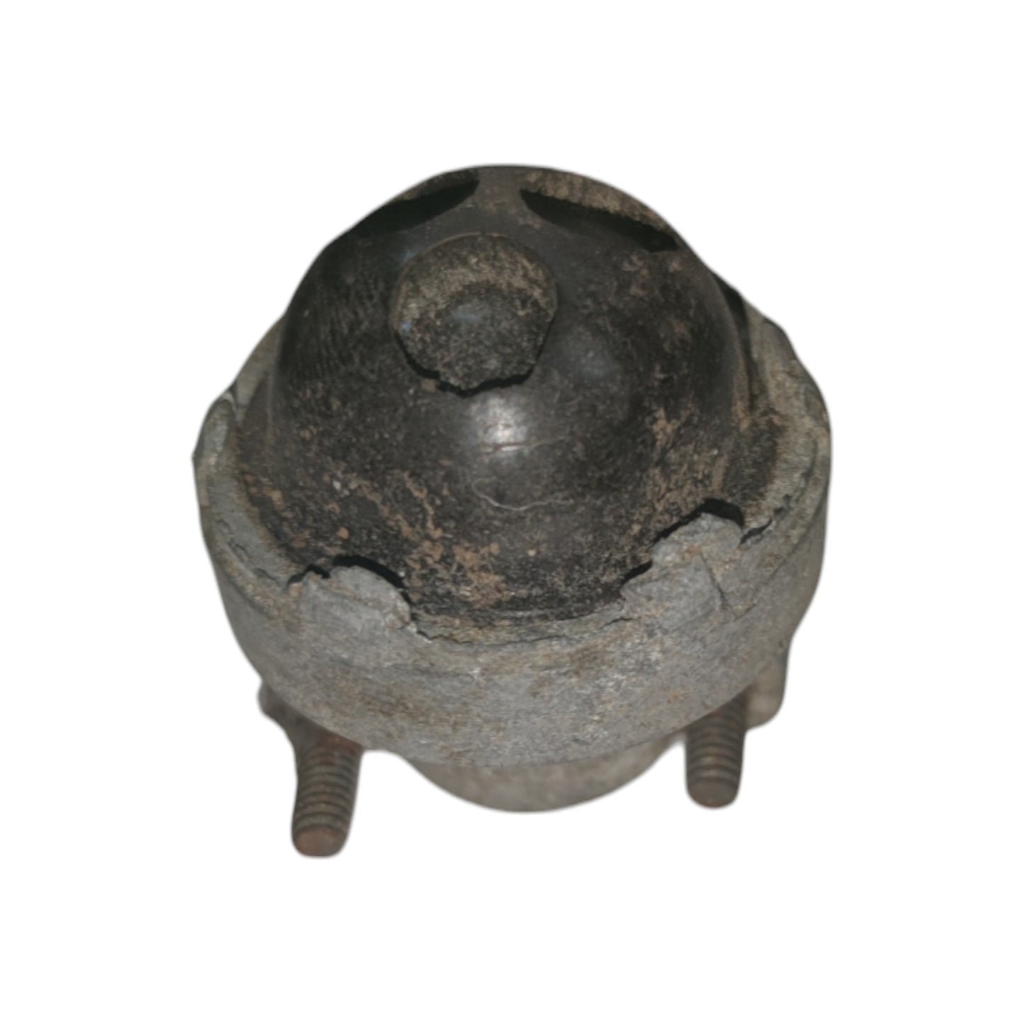 Vintage metal object with a spherical top and cylindrical base on a white background
