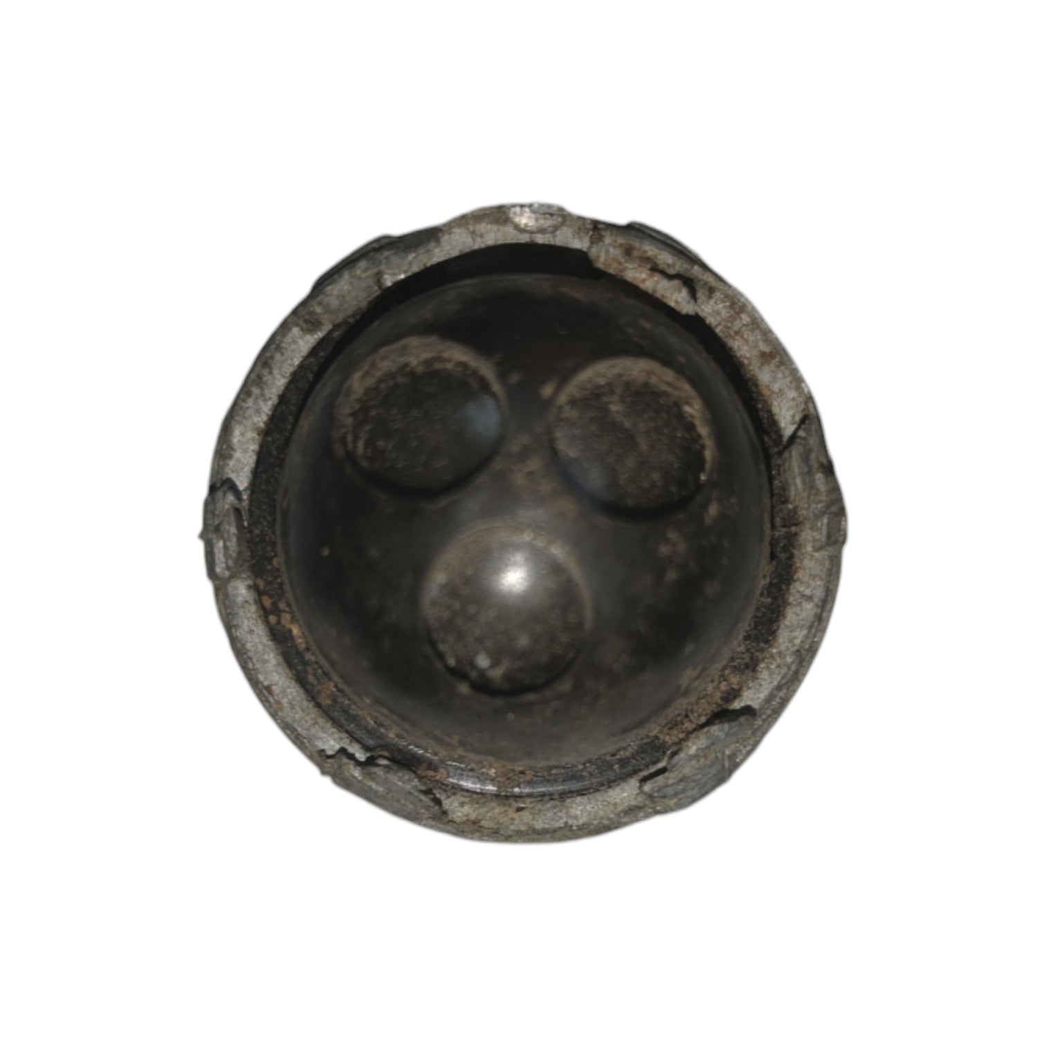 Metallic object with a central spherical component on a white background
