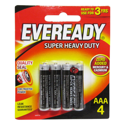Pack of Eveready Super Heavy Duty AAA batteries with packaging details.