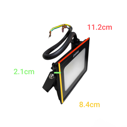 LED flood light with dimensions labeled on a white background