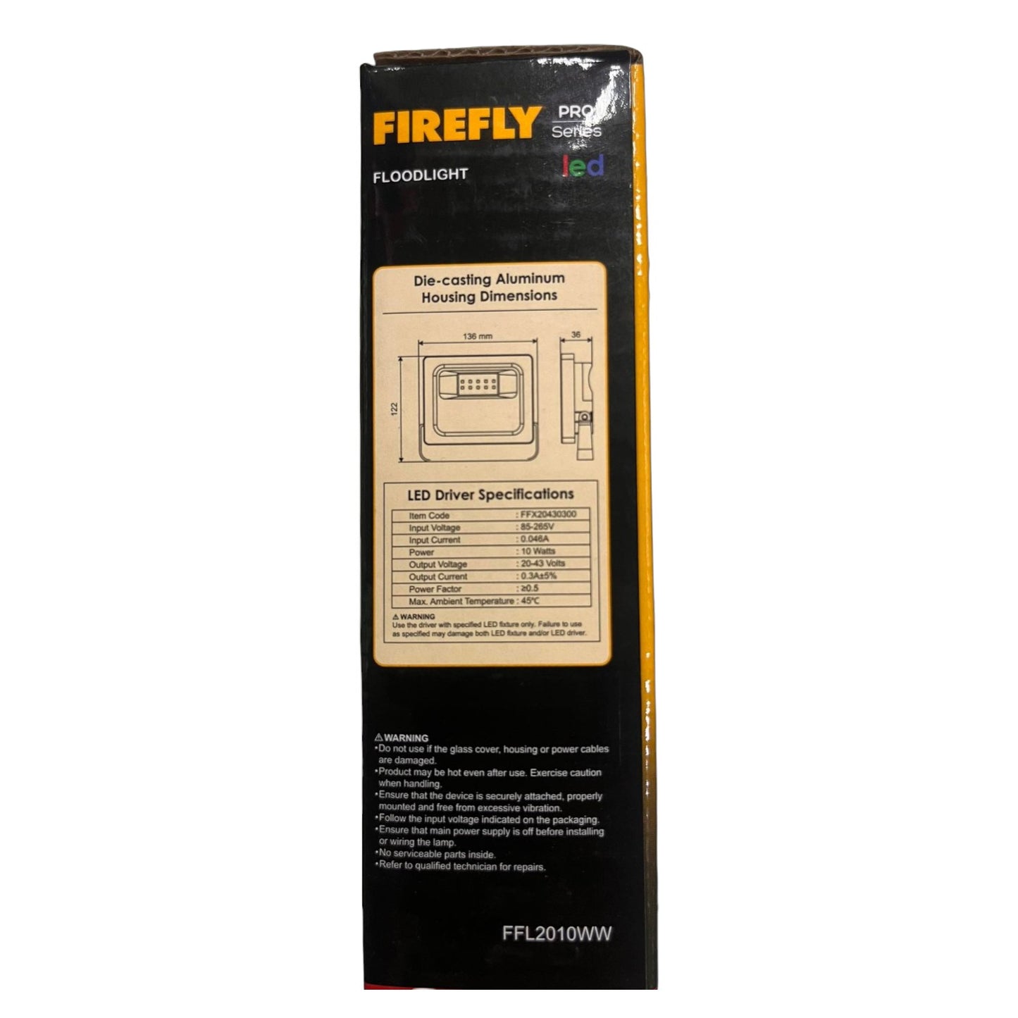 Firefly Pro Series LED floodlight packaging on a white background