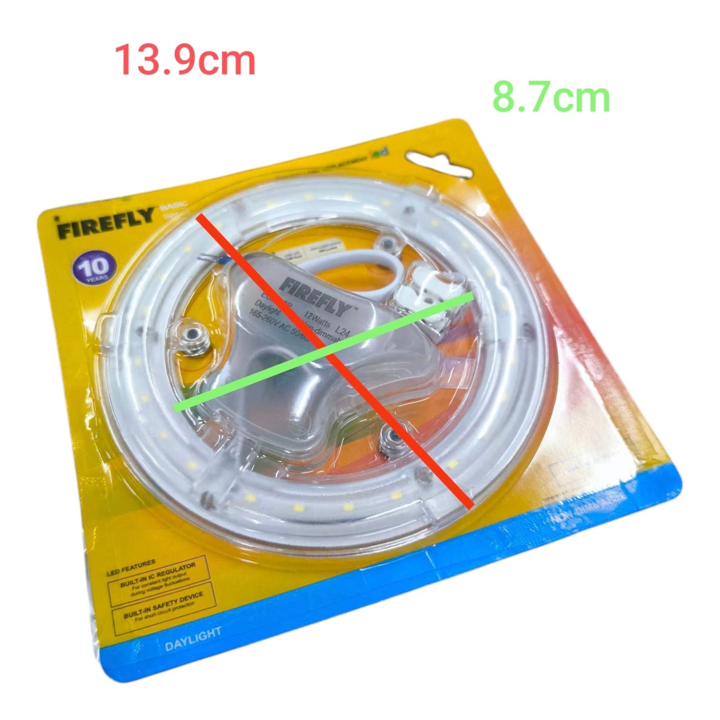 Firefly LED flashing light in packaging with measurements on a white background