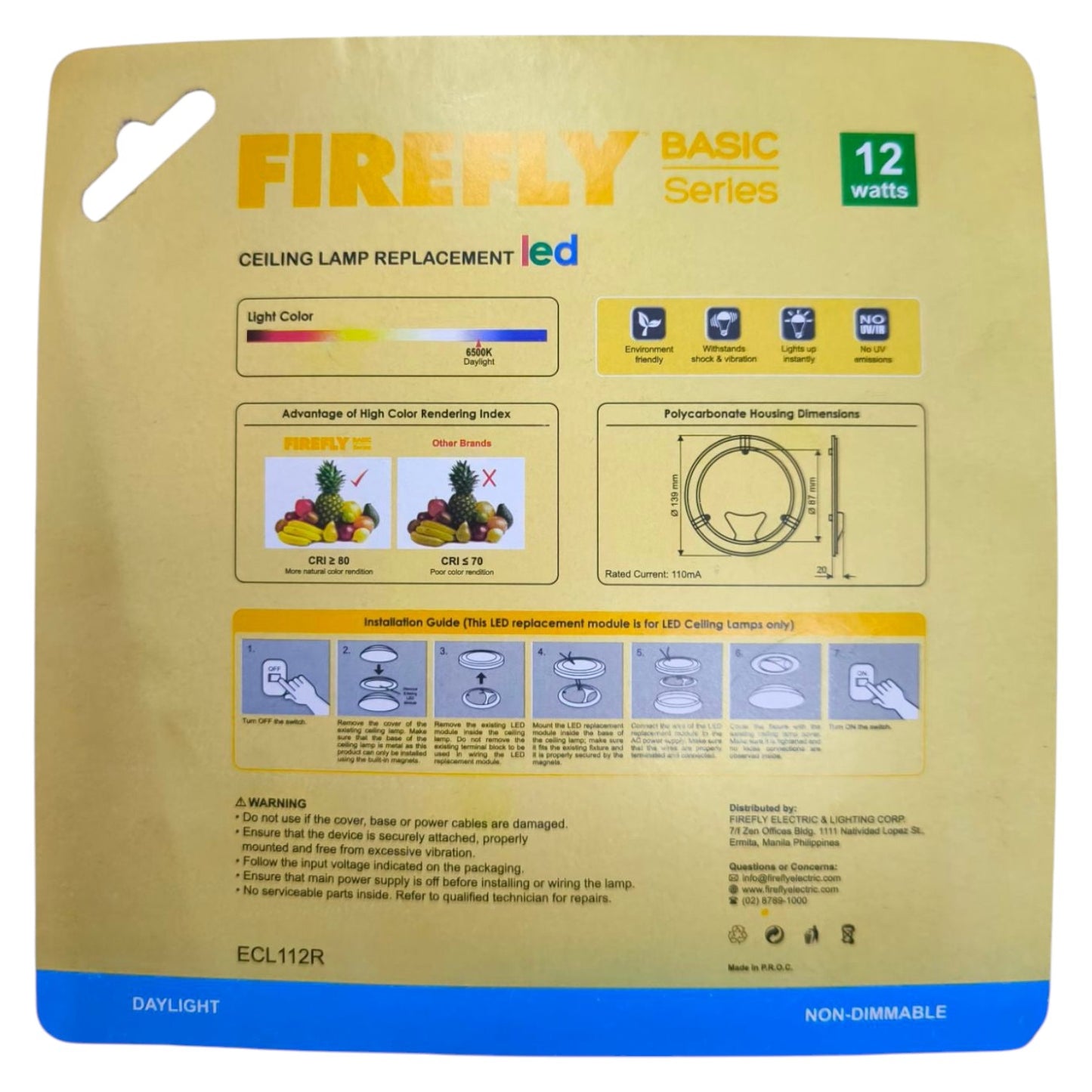 Firefly Basic Series LED ceiling lamp replacement packaging on a beige background