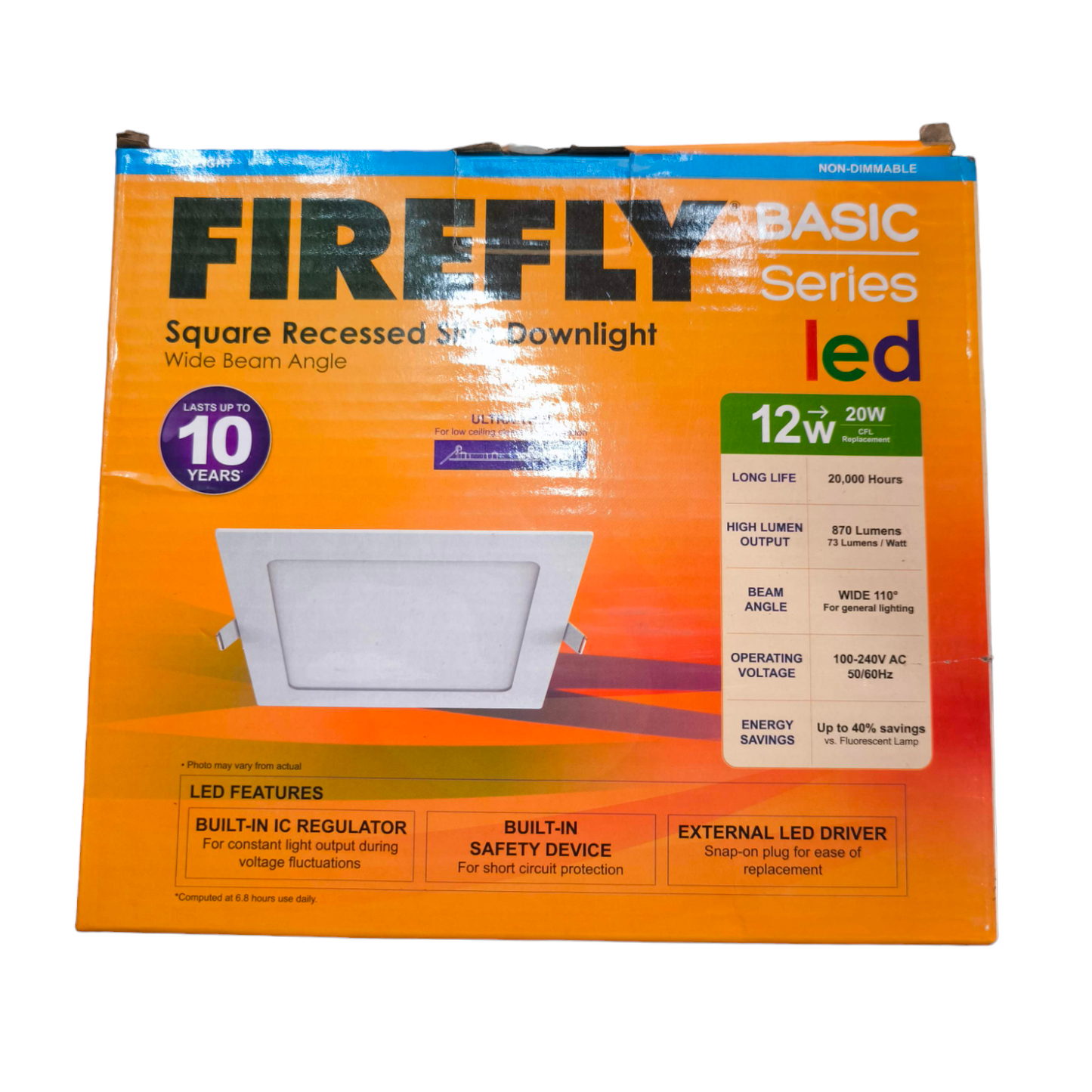 Firefly Basic Series LED square recessed downlight packaging on a white background