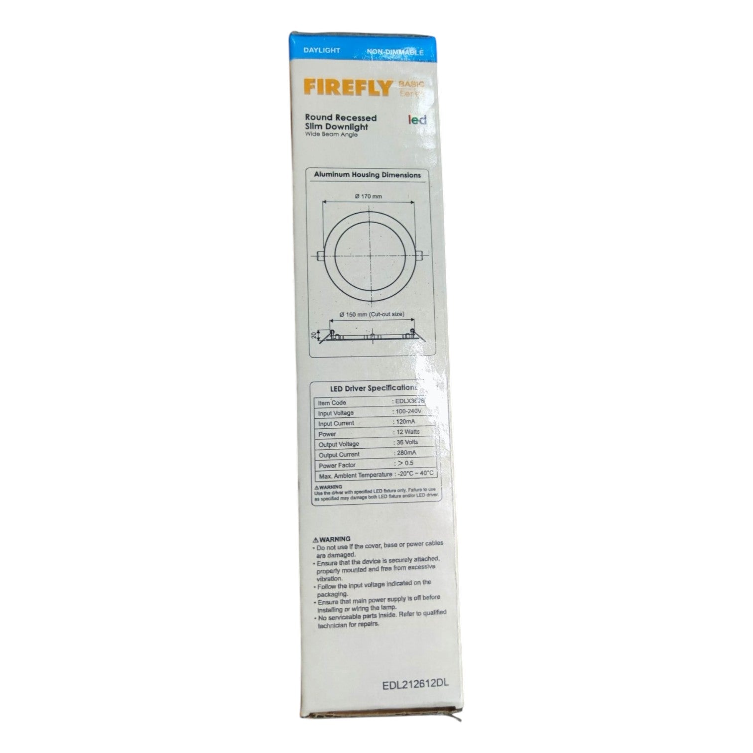 Firefly round recessed light fixture packaging on a white background