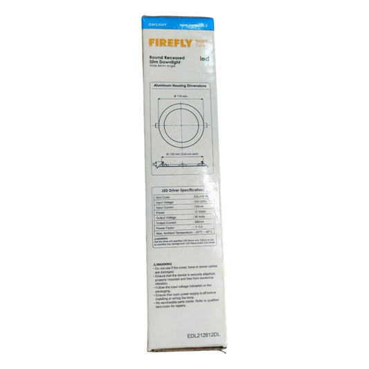 Firefly round recessed light fixture packaging on a white background