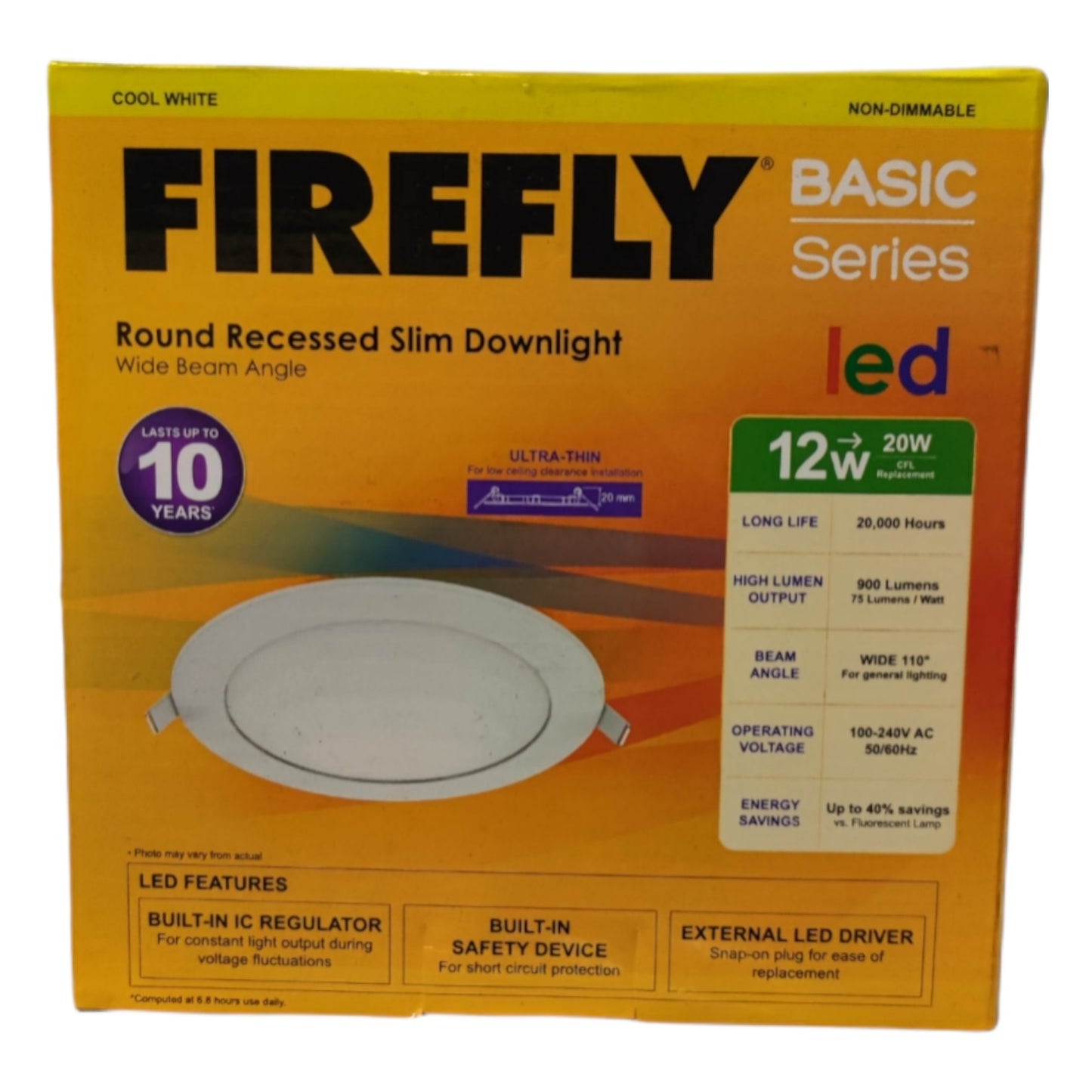 Firefly Basic Series LED round recessed slim downlight packaging on a white background