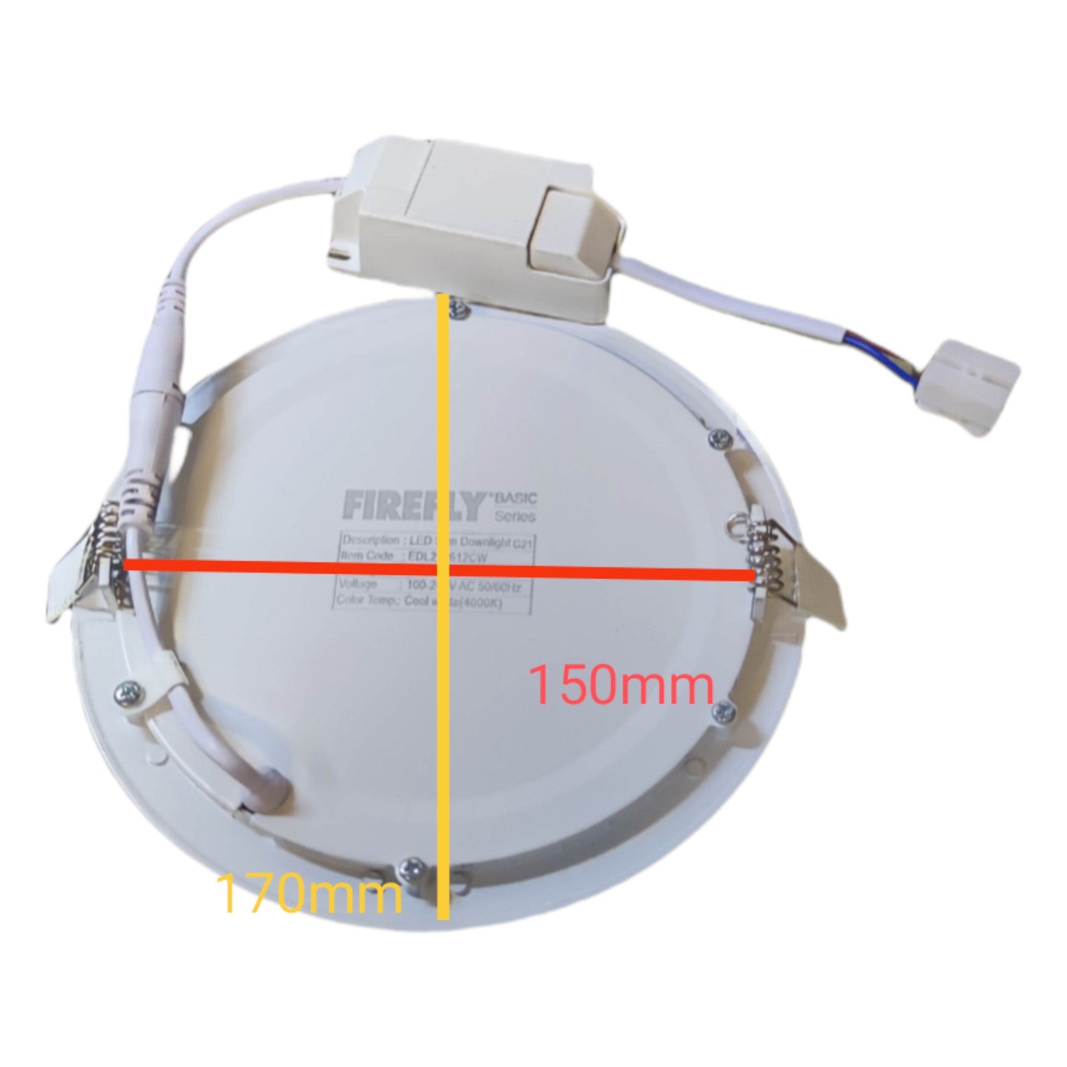 Round LED downlight with dimensions labeled on a white background