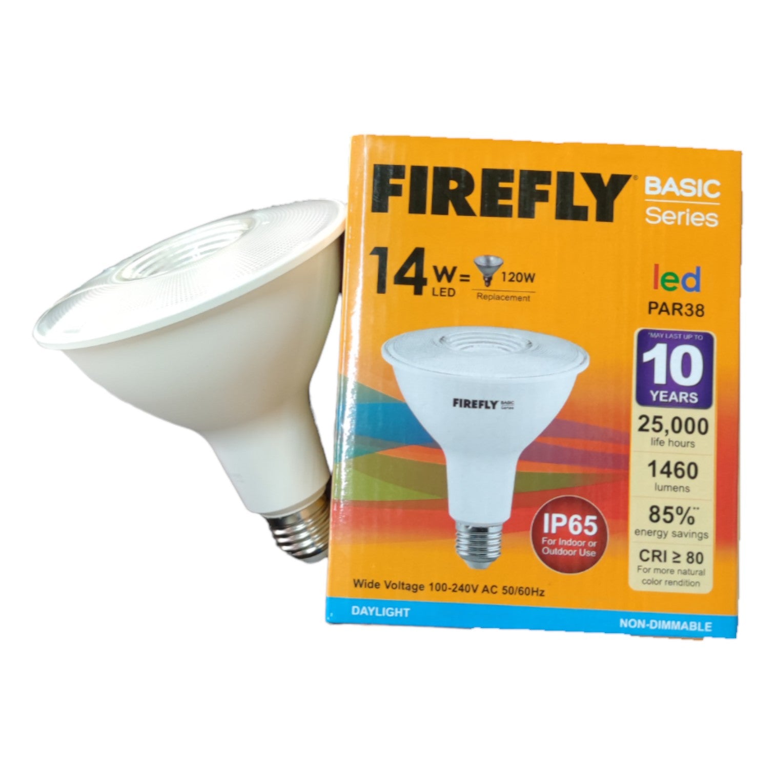 Firefly LED bulb and packaging on a white background Firefly 14W LED PAR 38 E27 220V Available in Daylight (6500K) or Warm White (3000K) Electx Electrical SUpply