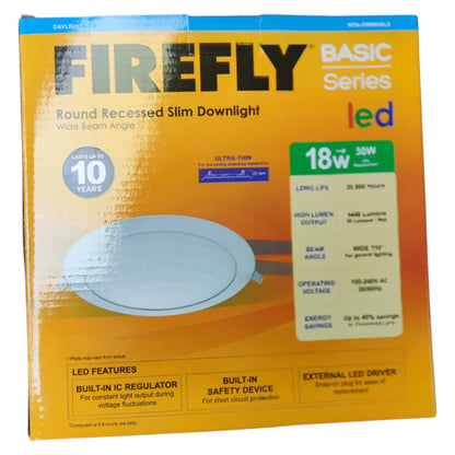 Firefly Basic Series round recessed slim downlight packaging on a white background