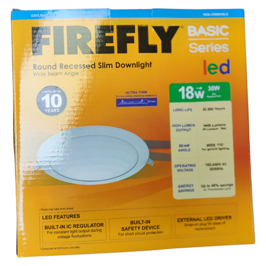 Firefly Basic Series round recessed slim downlight packaging on a white background
