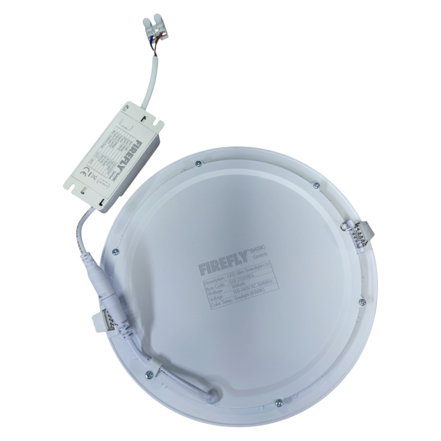 Round LED downlight with driver on a white background
