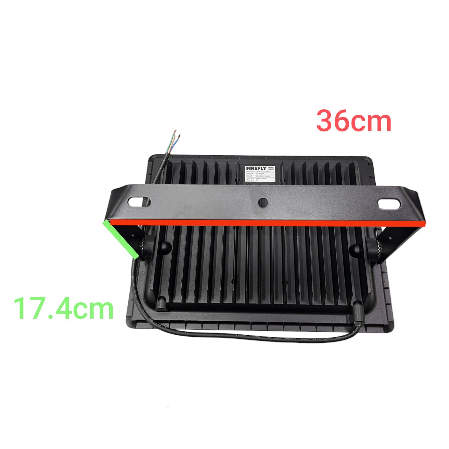 Black rectangular component with measurements on a white background