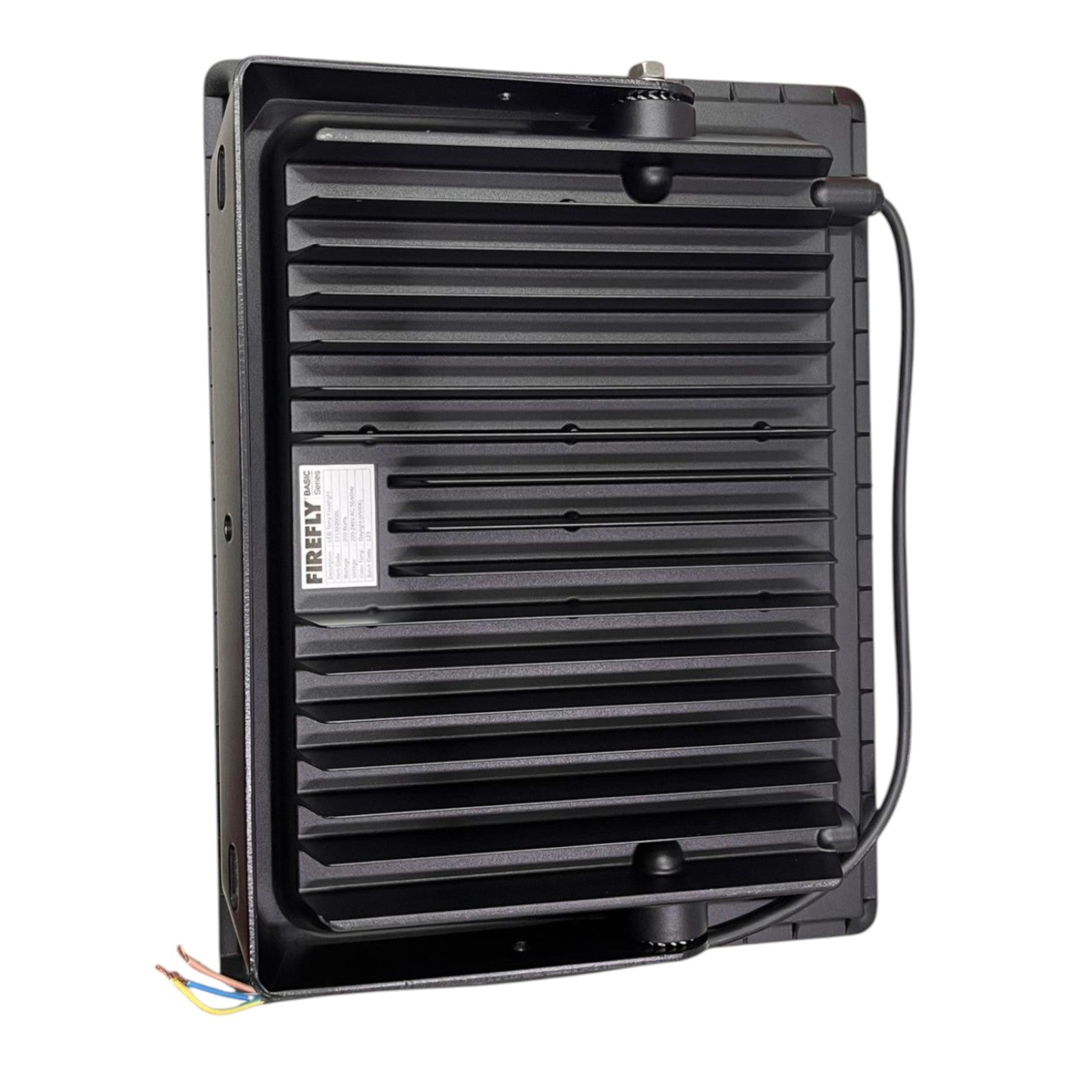 Black rectangular electronic device with wires on a white background