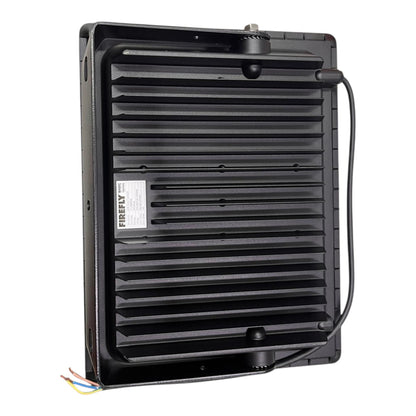 Black rectangular electronic device with wires on a white background