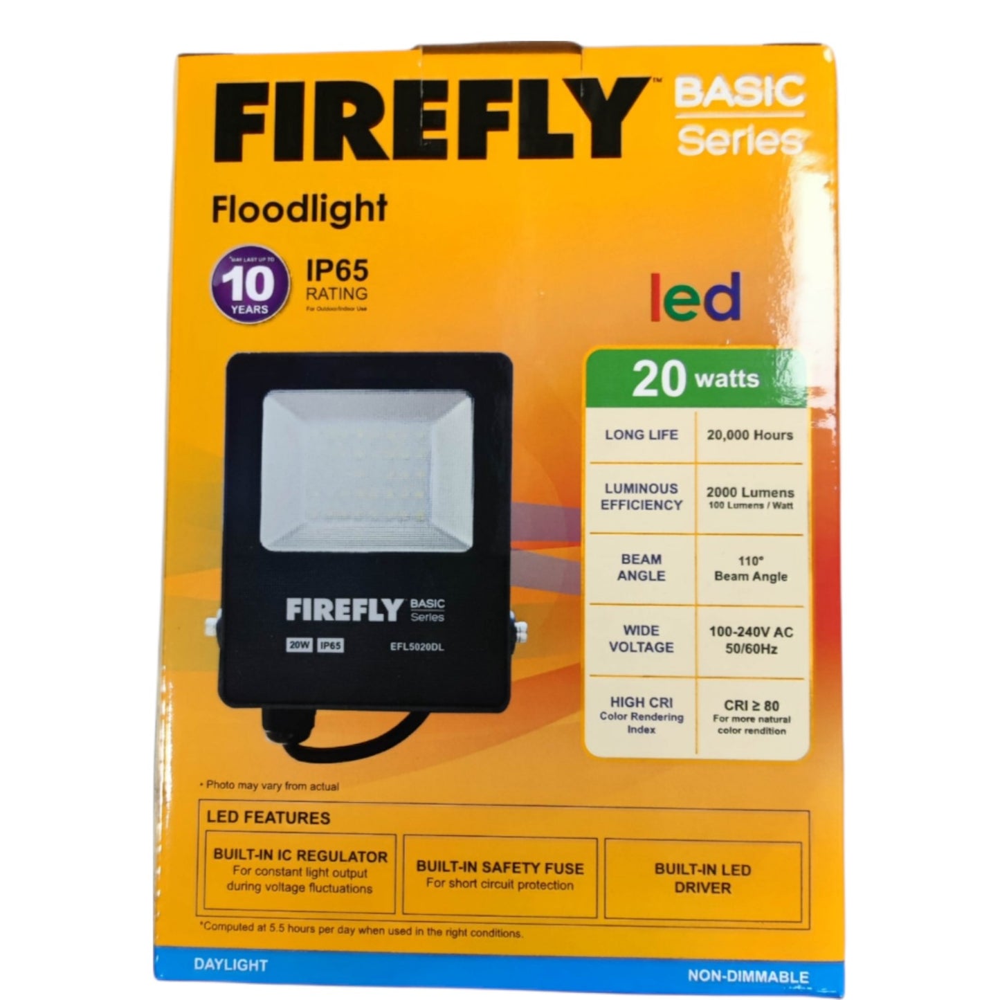 Firefly Basic Series LED floodlight packaging on a white background