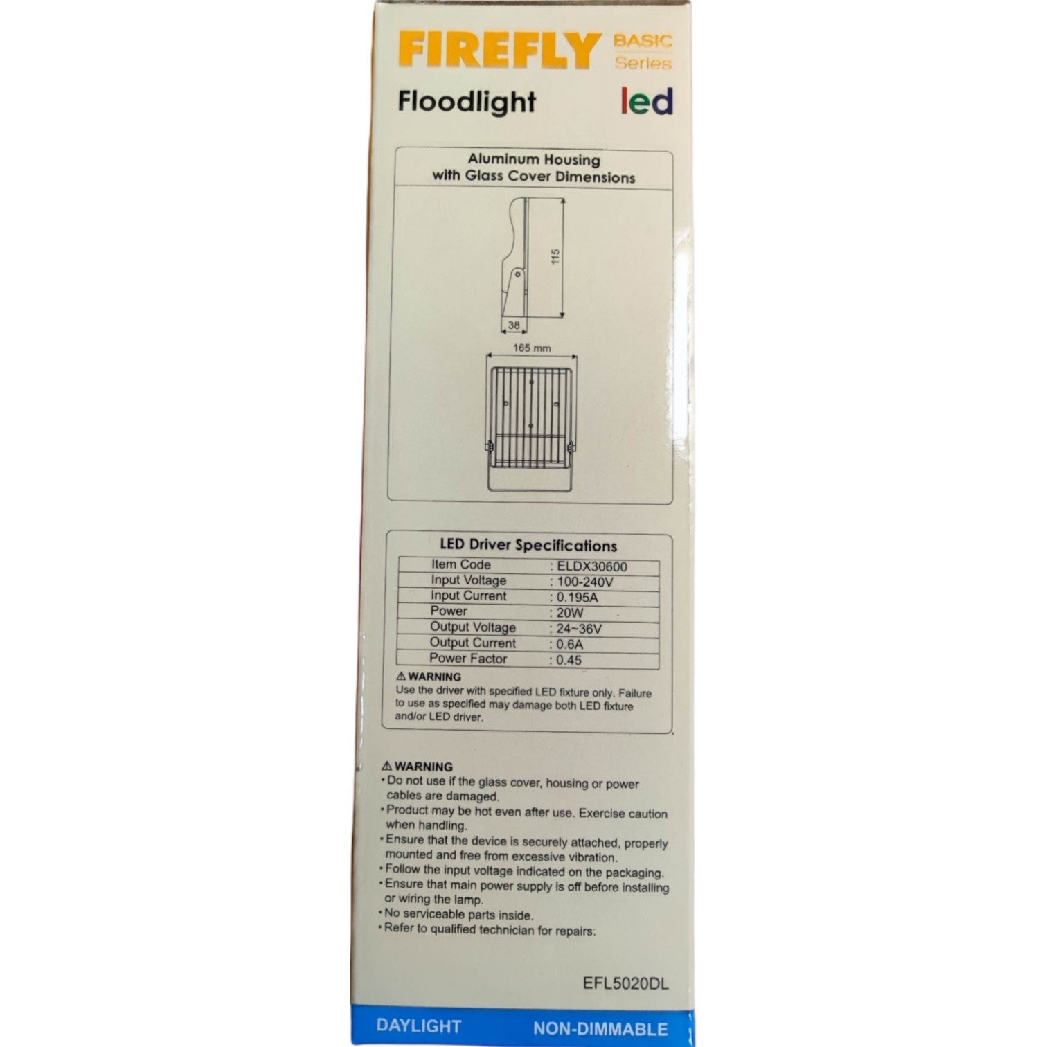 Box packaging of a Firefly LED floodlight on a white background