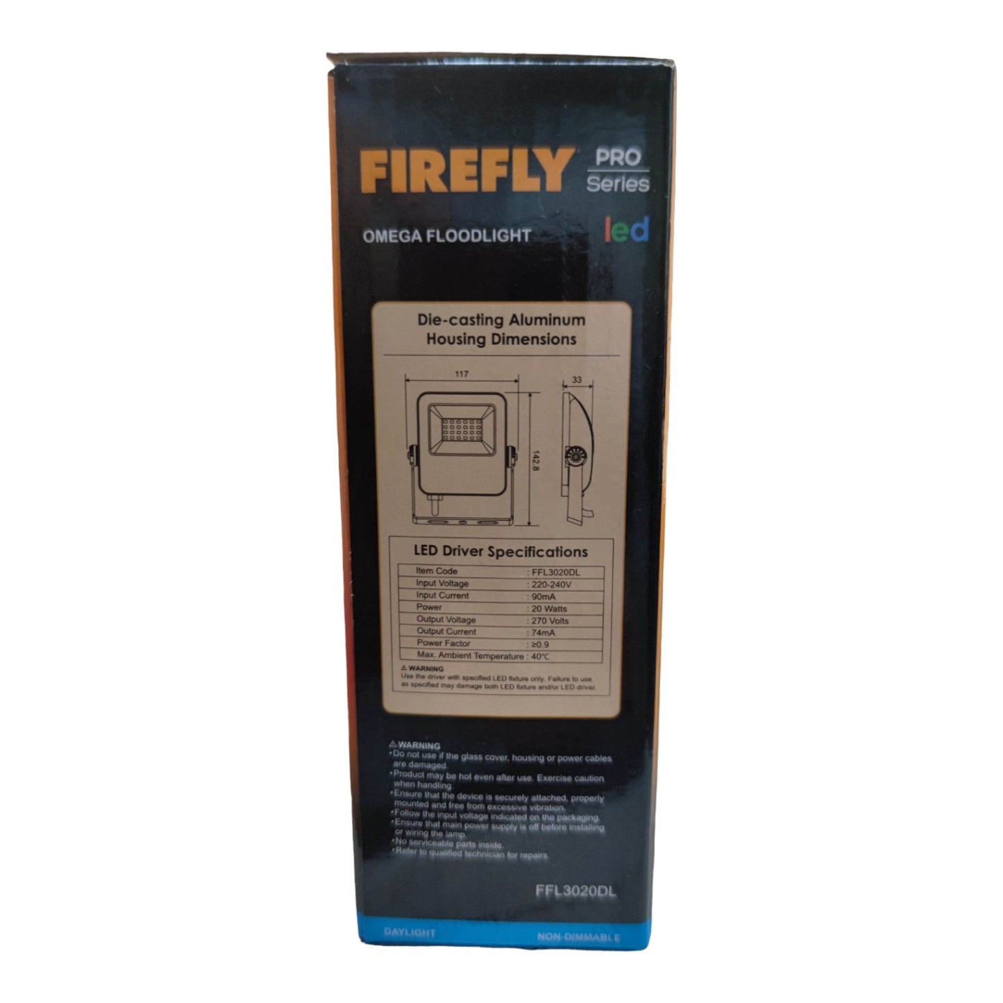 Box for Firefly Pro Series Omega Floodlight with technical details on a white background