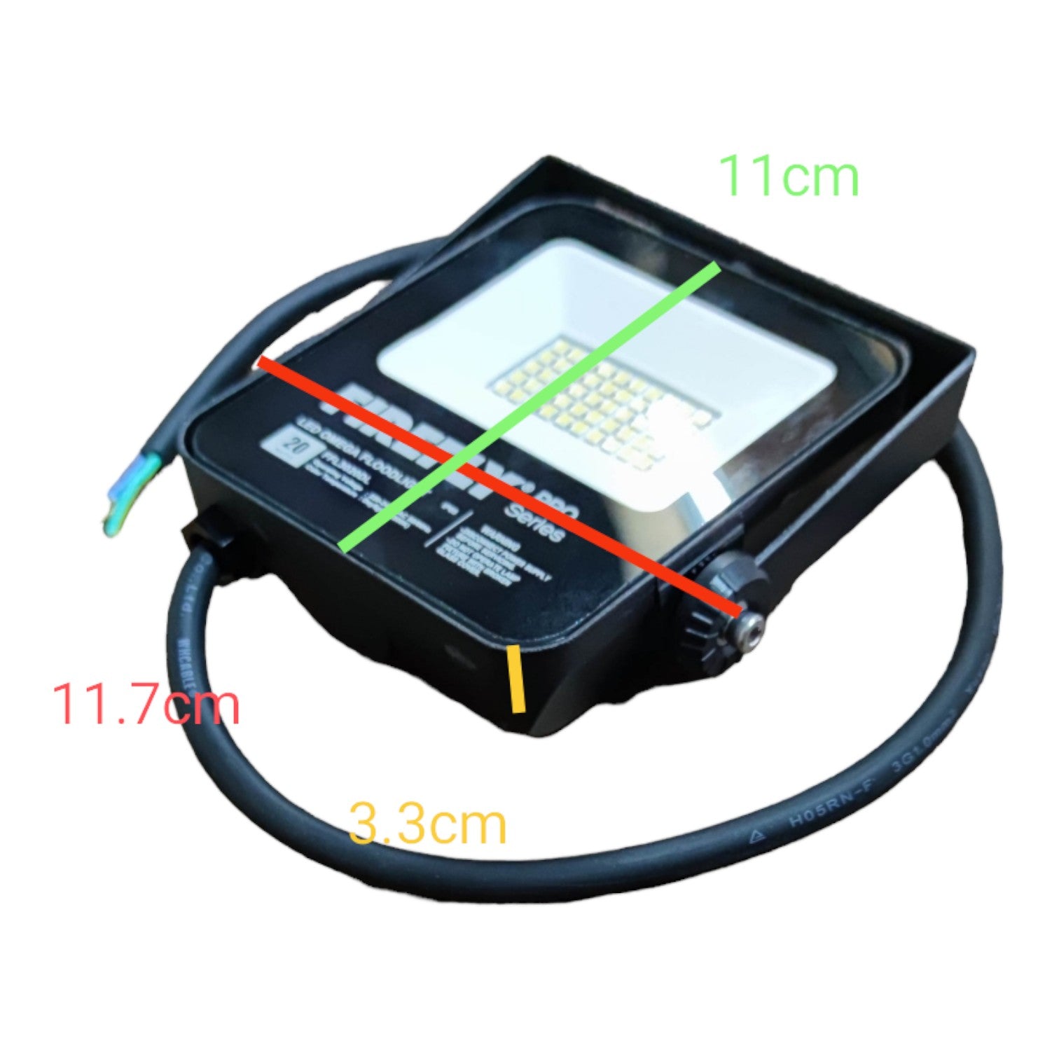 LED flood light with dimensions marked on a white background