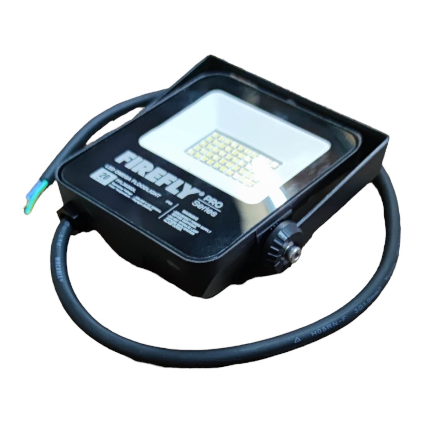 Black flood light with 'Firefly' branding on a white background