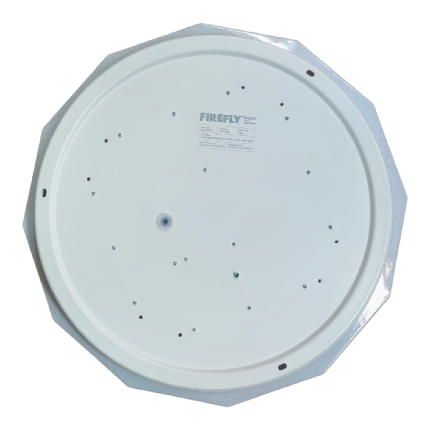 Round white object with 'Firefly' branding on a white background