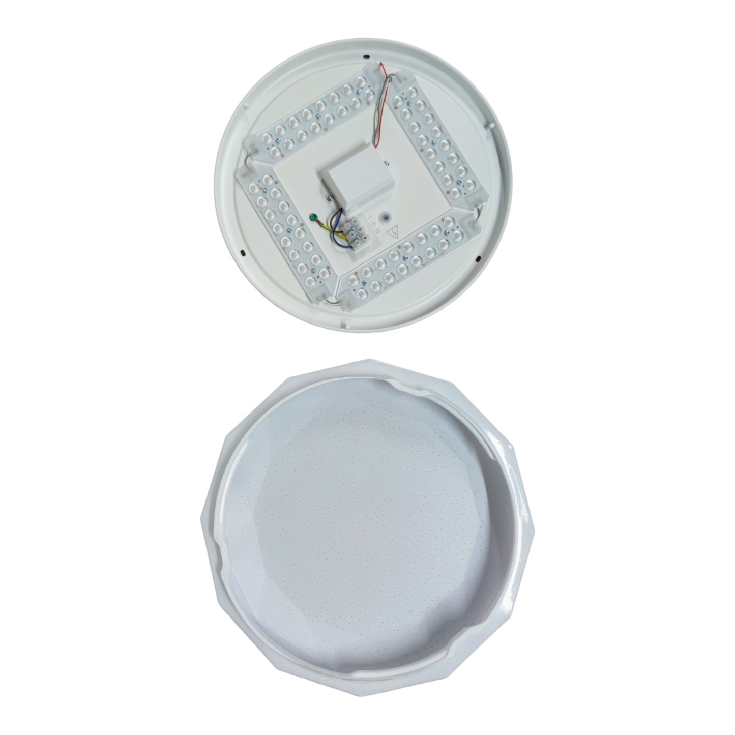 Two round electronic components on a white background