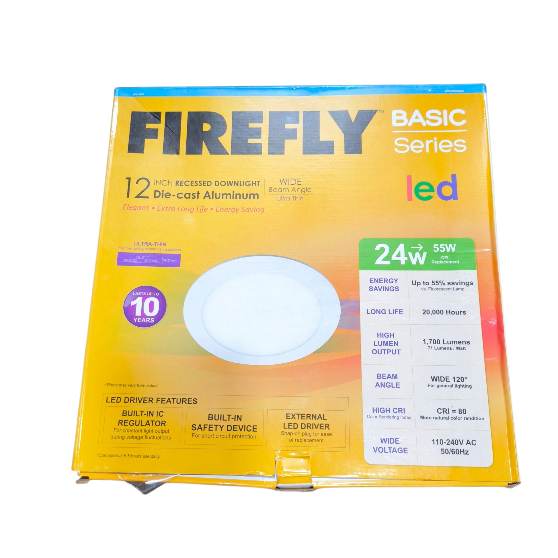 Firefly Basic Series LED recessed downlight packaging on a white background