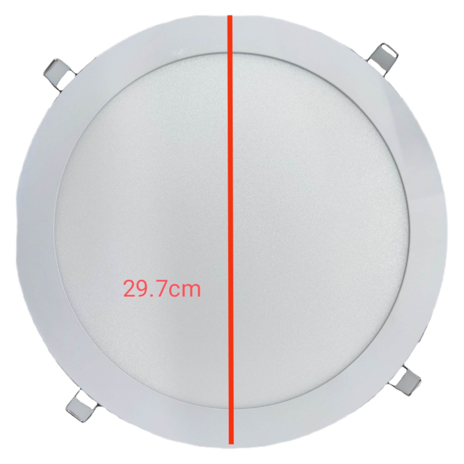 Round LED panel light with a red line and measurement text on a white background