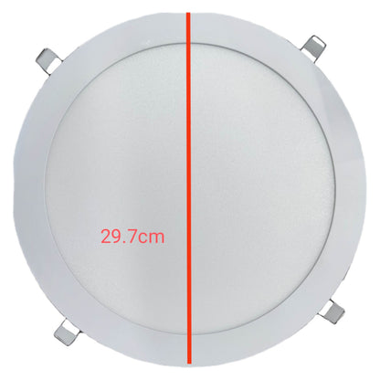 Round LED panel light with a red line and measurement text on a white background