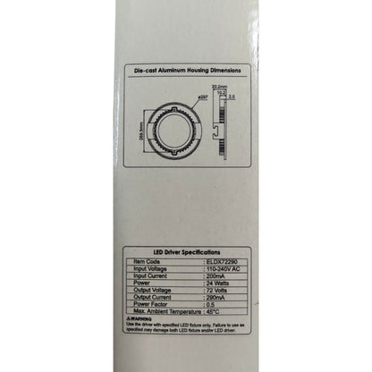 Technical specifications label on a white background