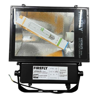 Outdoor floodlight with 'Firefly' branding on a white background