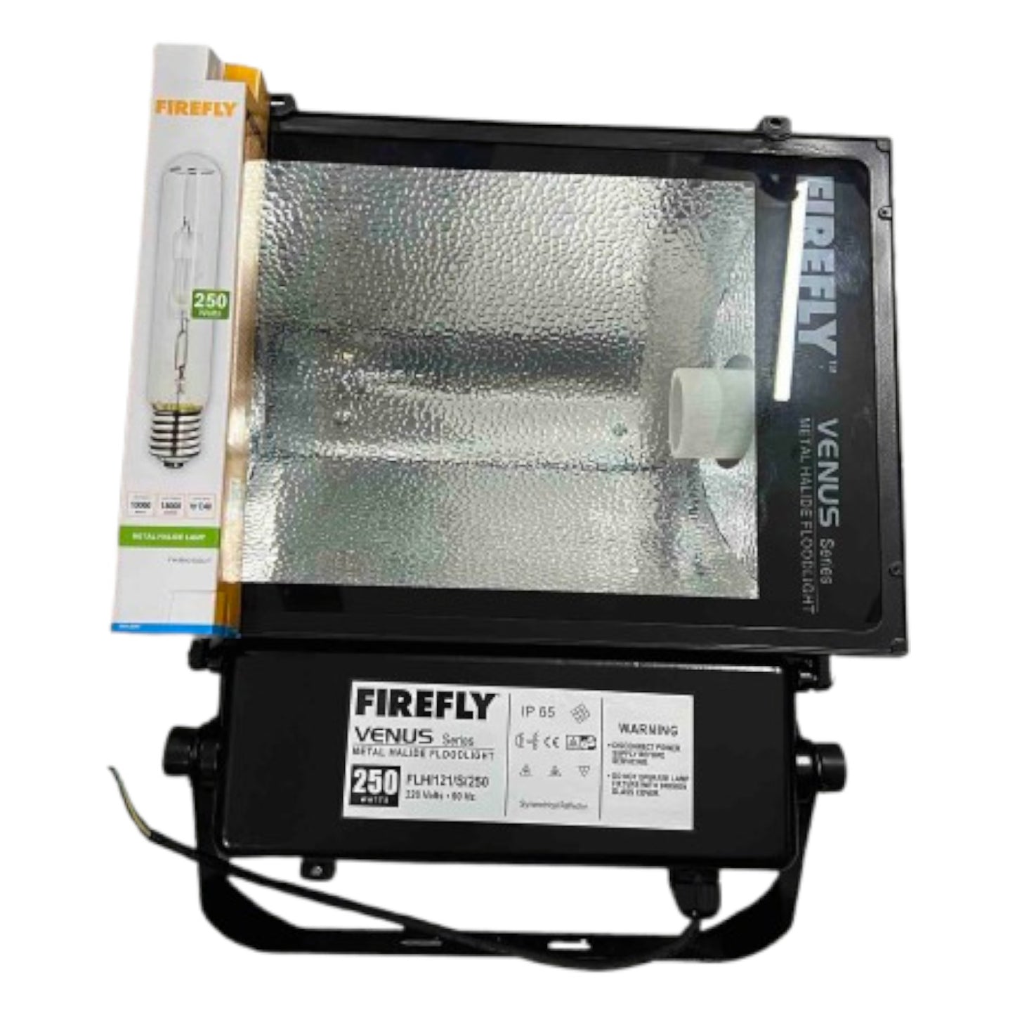 Firefly Venus Series metal halide light fixture with bulb packaging on a white background