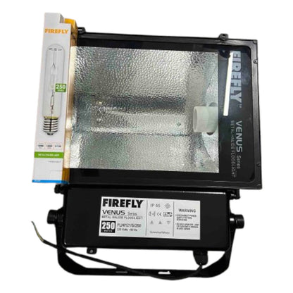 Firefly Venus Series metal halide light fixture with bulb packaging on a white background
