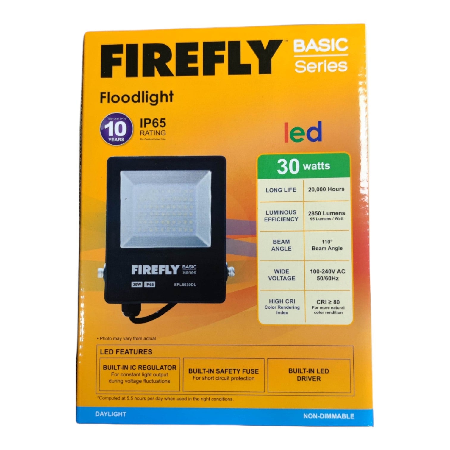 Firefly Basic Series LED floodlight packaging with specifications on a white background
