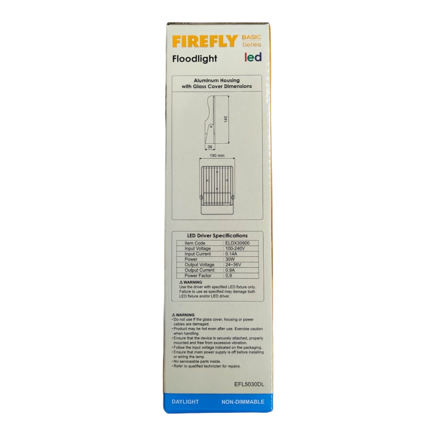 Box packaging of Firefly Basic LED Floodlight on a white background