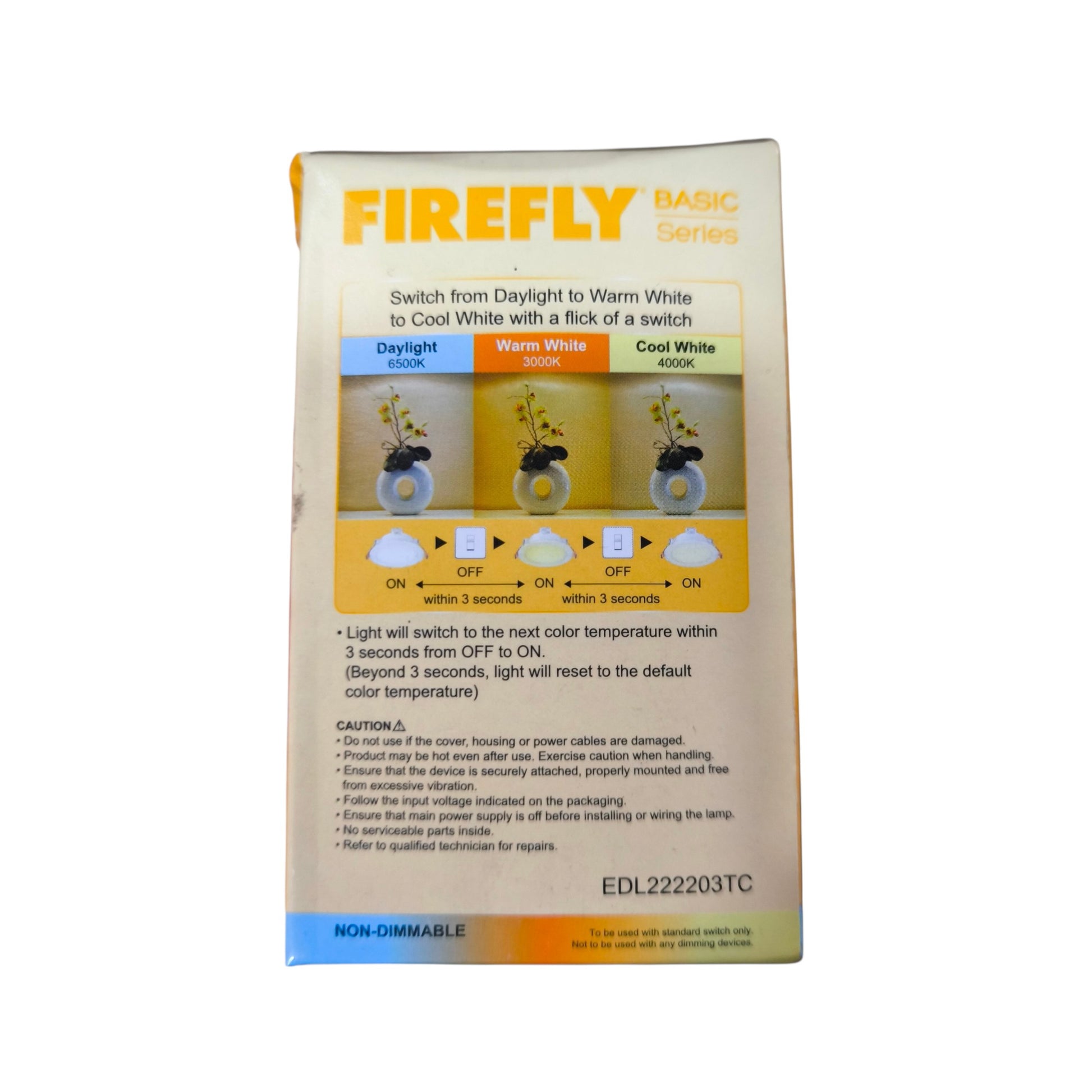 Firefly light bulb packaging on a white background