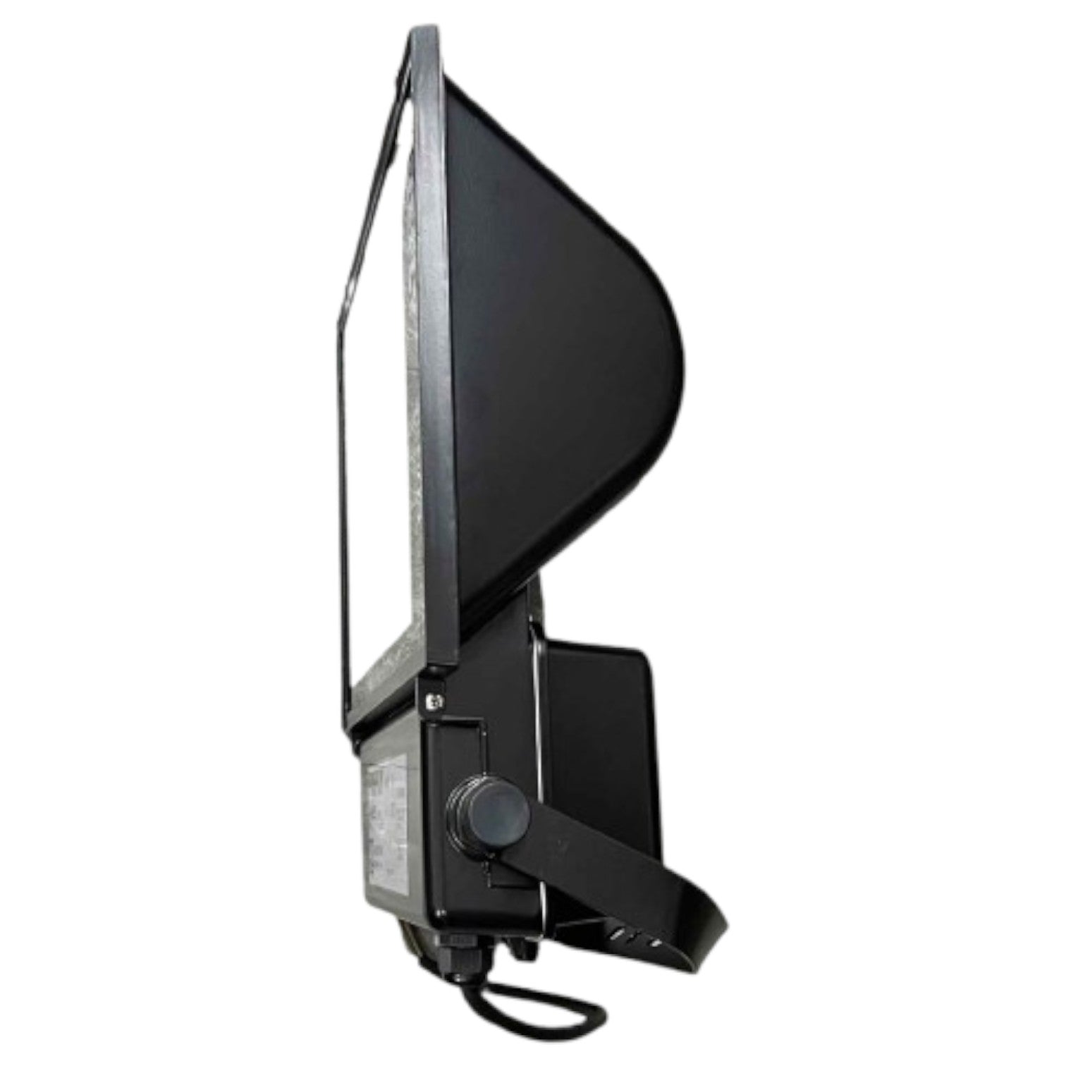 Black outdoor floodlight on a white background