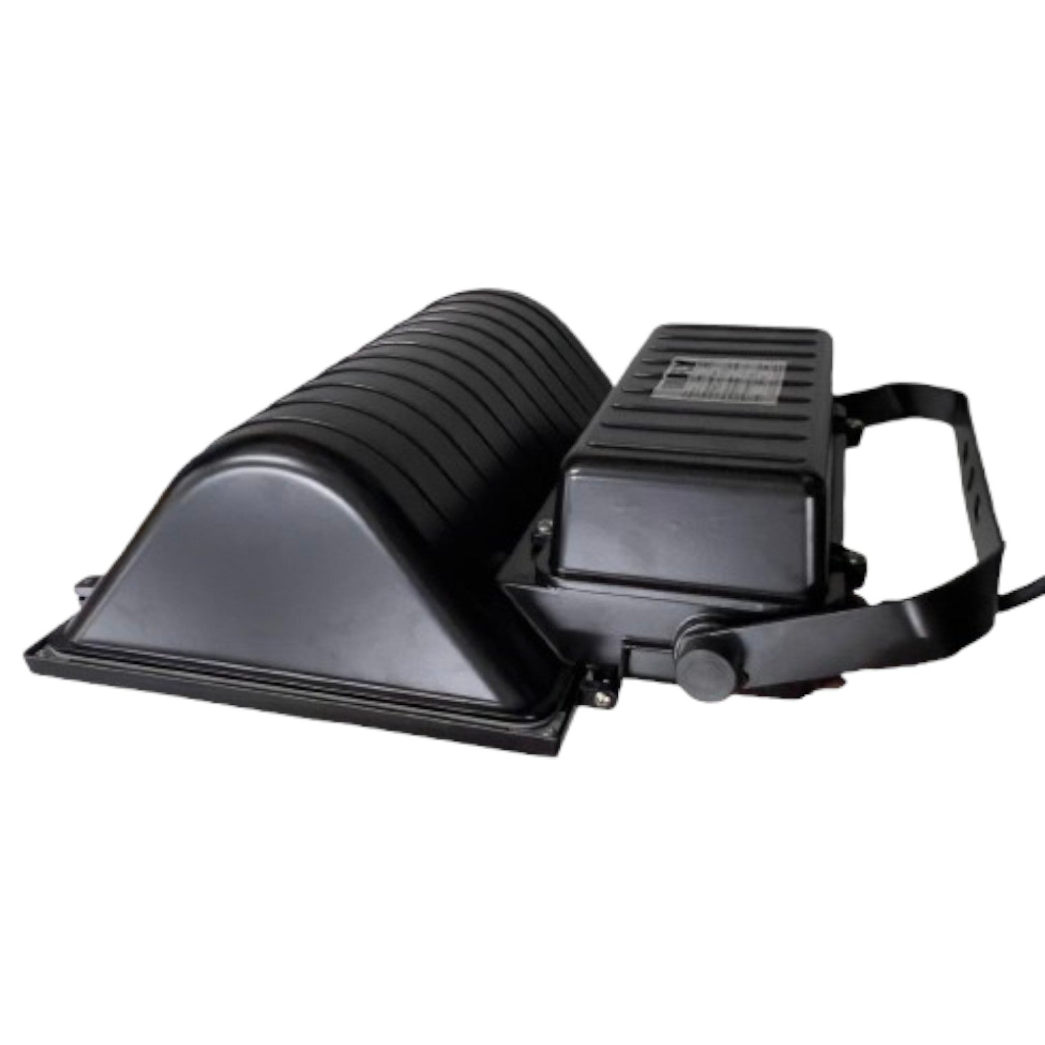 Black electronic device with a fan-like component on a white background