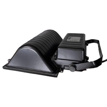 Black electronic device with a fan-like component on a white background