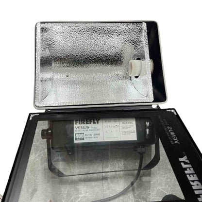 Fluorescent light fixture with visible branding on a white background