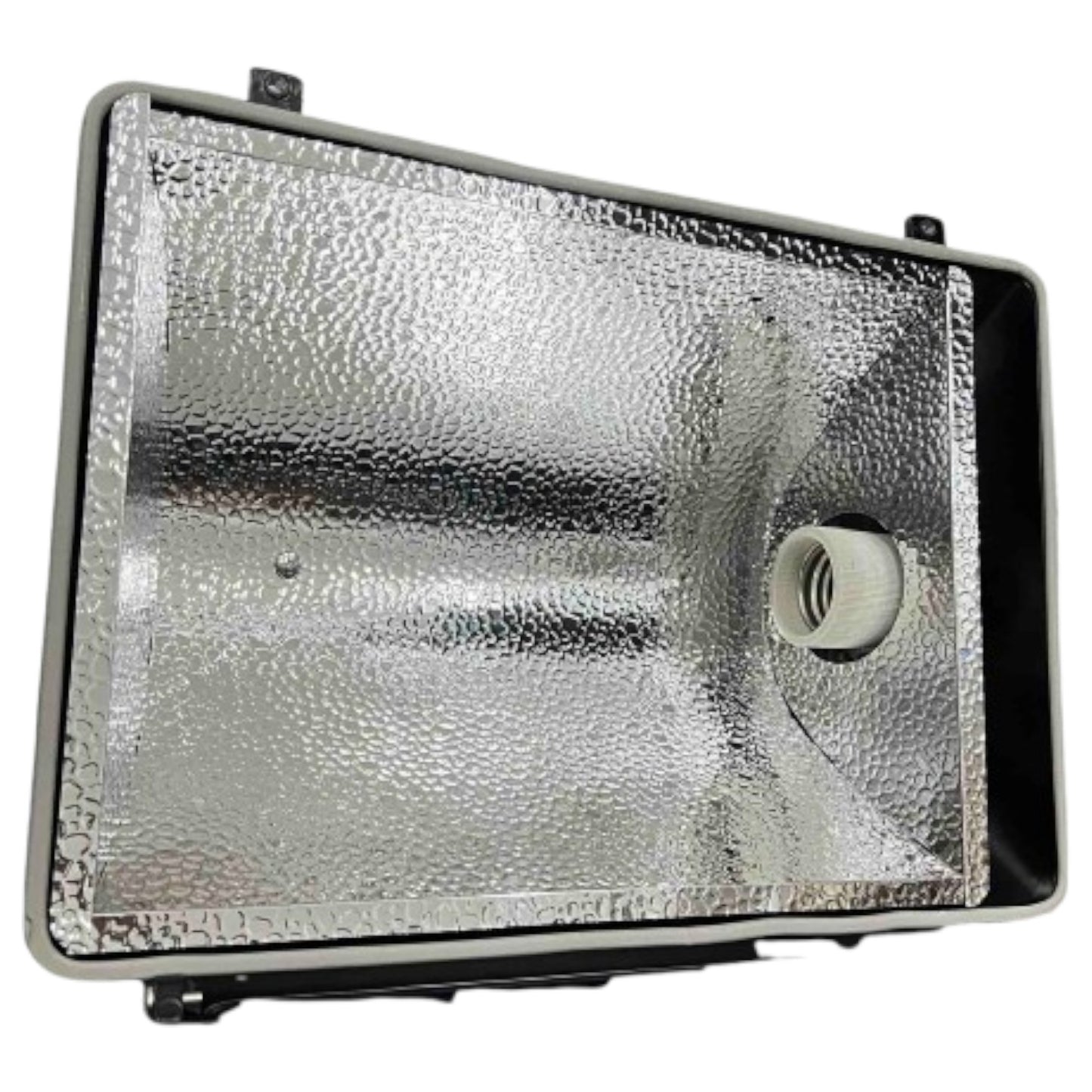Rectangular light fixture with reflective surface on a white background