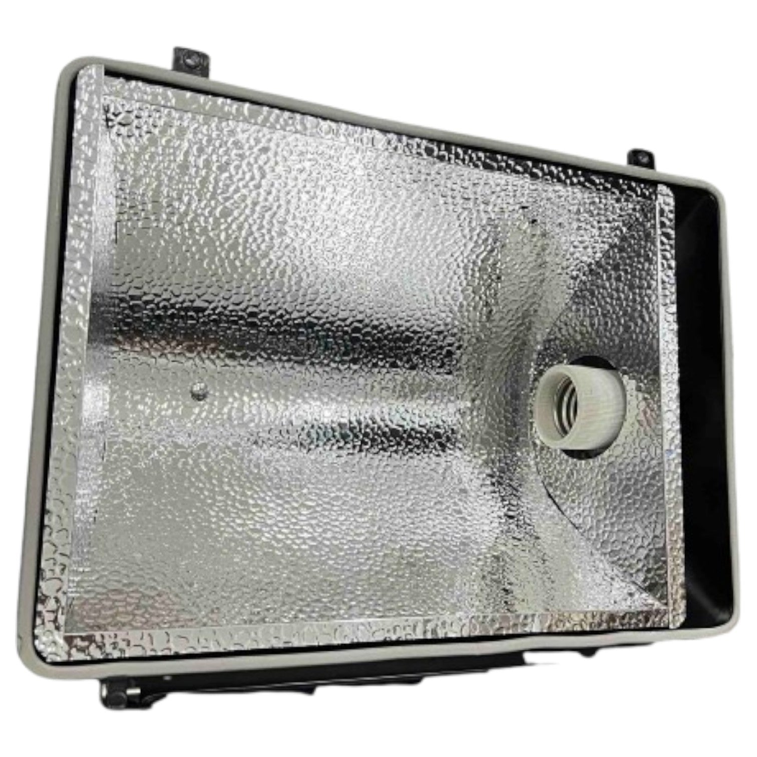 Rectangular light fixture with reflective surface on a white background